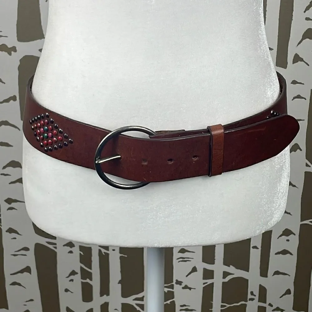 Boho Colorful Studded Brown Leather Belt L